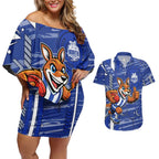 North Melbourne Kangaroos Couples Matching Off Shoulder Short Dress and Hawaiian Shirt Mascot Cartoon Football Illustration Style