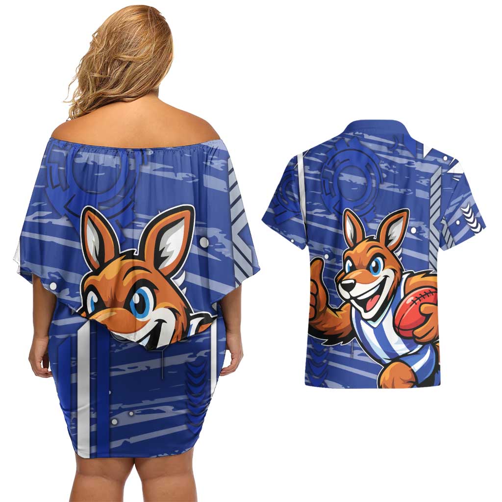 North Melbourne Kangaroos Couples Matching Off Shoulder Short Dress and Hawaiian Shirt Mascot Cartoon Football Illustration Style
