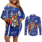 North Melbourne Kangaroos Couples Matching Off Shoulder Short Dress and Long Sleeve Button Shirt Mascot Cartoon Football Illustration Style