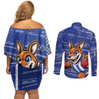 North Melbourne Kangaroos Couples Matching Off Shoulder Short Dress and Long Sleeve Button Shirt Mascot Cartoon Football Illustration Style