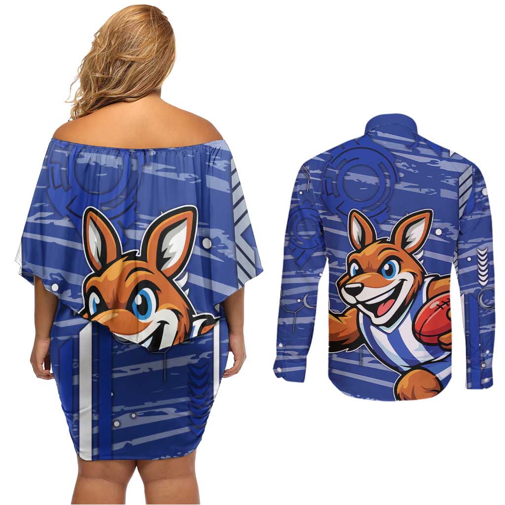 North Melbourne Kangaroos Couples Matching Off Shoulder Short Dress and Long Sleeve Button Shirt Mascot Cartoon Football Illustration Style
