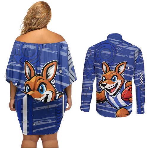 North Melbourne Kangaroos Couples Matching Off Shoulder Short Dress and Long Sleeve Button Shirt Mascot Cartoon Football Illustration Style