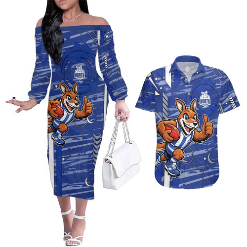 North Melbourne Kangaroos Couples Matching Off The Shoulder Long Sleeve Dress and Hawaiian Shirt Mascot Cartoon Football Illustration Style