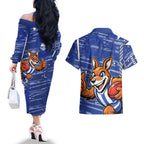 North Melbourne Kangaroos Couples Matching Off The Shoulder Long Sleeve Dress and Hawaiian Shirt Mascot Cartoon Football Illustration Style