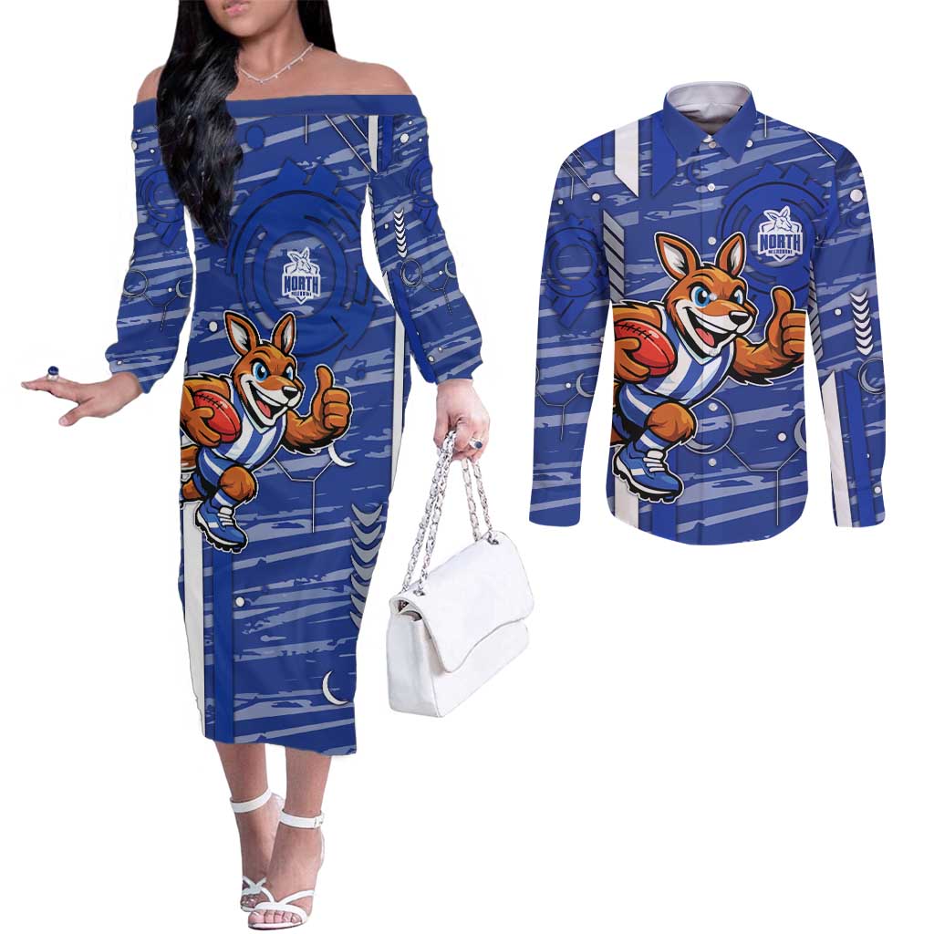 North Melbourne Kangaroos Couples Matching Off The Shoulder Long Sleeve Dress and Long Sleeve Button Shirt Mascot Cartoon Football Illustration Style