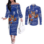 North Melbourne Kangaroos Couples Matching Off The Shoulder Long Sleeve Dress and Long Sleeve Button Shirt Mascot Cartoon Football Illustration Style
