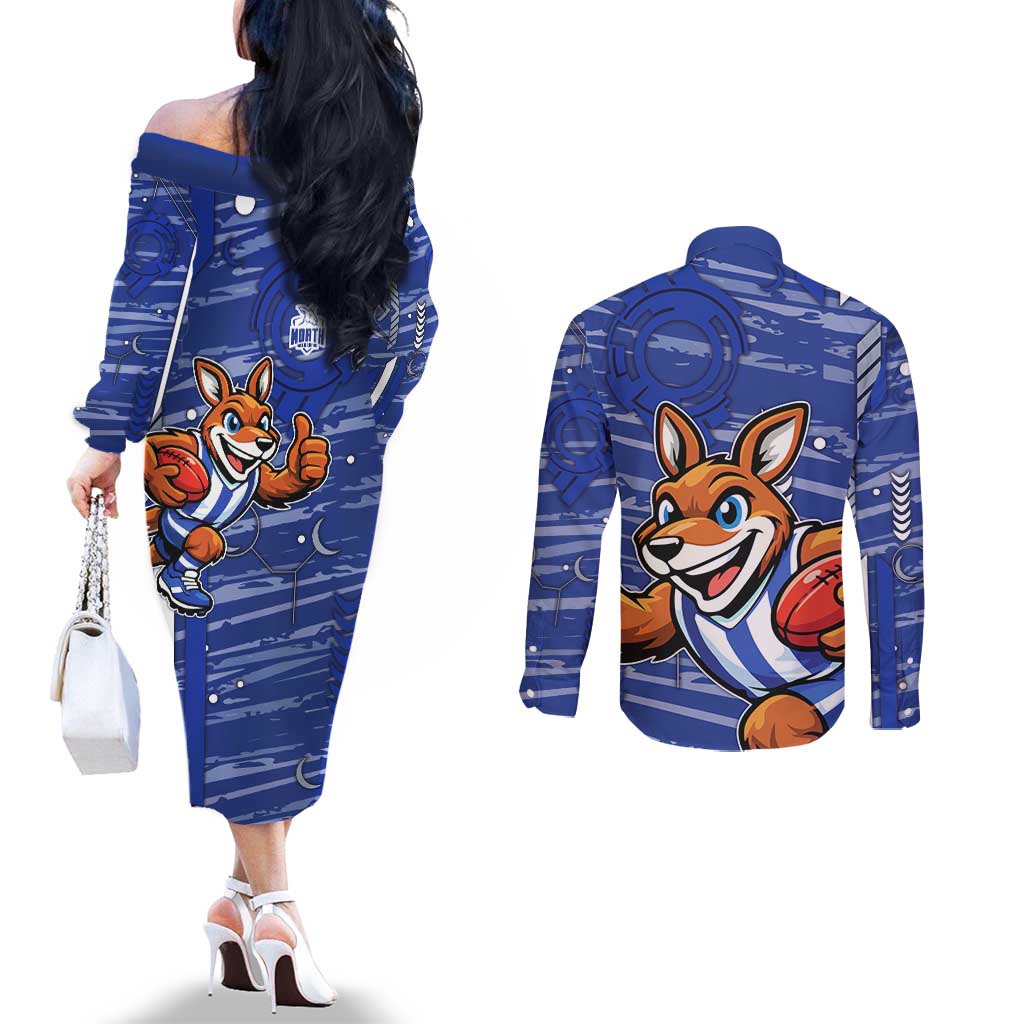North Melbourne Kangaroos Couples Matching Off The Shoulder Long Sleeve Dress and Long Sleeve Button Shirt Mascot Cartoon Football Illustration Style