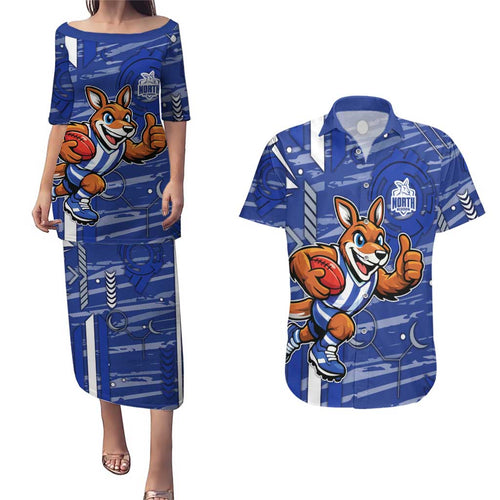 North Melbourne Kangaroos Couples Matching Puletasi and Hawaiian Shirt Mascot Cartoon Football Illustration Style
