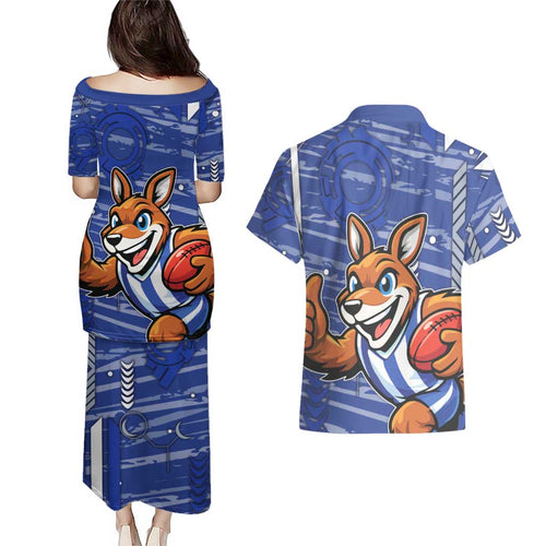 North Melbourne Kangaroos Couples Matching Puletasi and Hawaiian Shirt Mascot Cartoon Football Illustration Style