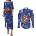North Melbourne Kangaroos Couples Matching Puletasi and Long Sleeve Button Shirt Mascot Cartoon Football Illustration Style
