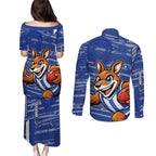 North Melbourne Kangaroos Couples Matching Puletasi and Long Sleeve Button Shirt Mascot Cartoon Football Illustration Style