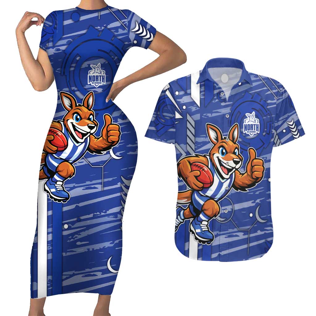 North Melbourne Kangaroos Couples Matching Short Sleeve Bodycon Dress and Hawaiian Shirt Mascot Cartoon Football Illustration Style