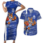 North Melbourne Kangaroos Couples Matching Short Sleeve Bodycon Dress and Hawaiian Shirt Mascot Cartoon Football Illustration Style