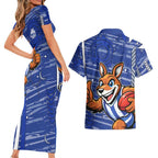 North Melbourne Kangaroos Couples Matching Short Sleeve Bodycon Dress and Hawaiian Shirt Mascot Cartoon Football Illustration Style