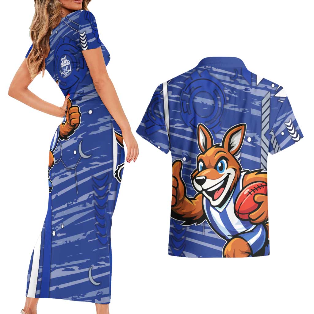 North Melbourne Kangaroos Couples Matching Short Sleeve Bodycon Dress and Hawaiian Shirt Mascot Cartoon Football Illustration Style