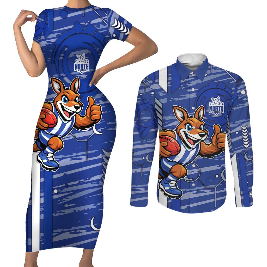 North Melbourne Kangaroos Couples Matching Short Sleeve Bodycon Dress and Long Sleeve Button Shirt Mascot Cartoon Football Illustration Style