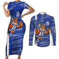 North Melbourne Kangaroos Couples Matching Short Sleeve Bodycon Dress and Long Sleeve Button Shirt Mascot Cartoon Football Illustration Style