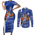 North Melbourne Kangaroos Couples Matching Short Sleeve Bodycon Dress and Long Sleeve Button Shirt Mascot Cartoon Football Illustration Style