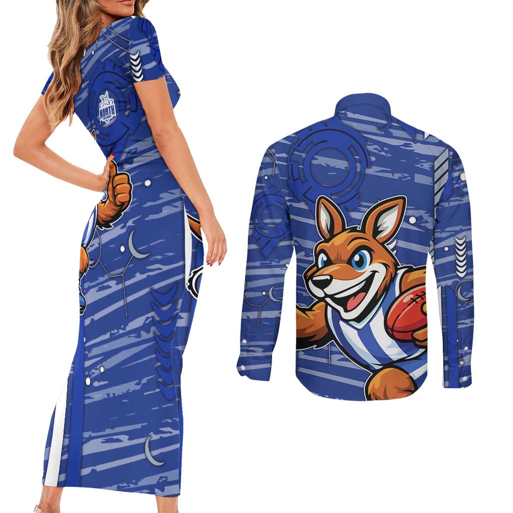 North Melbourne Kangaroos Couples Matching Short Sleeve Bodycon Dress and Long Sleeve Button Shirt Mascot Cartoon Football Illustration Style