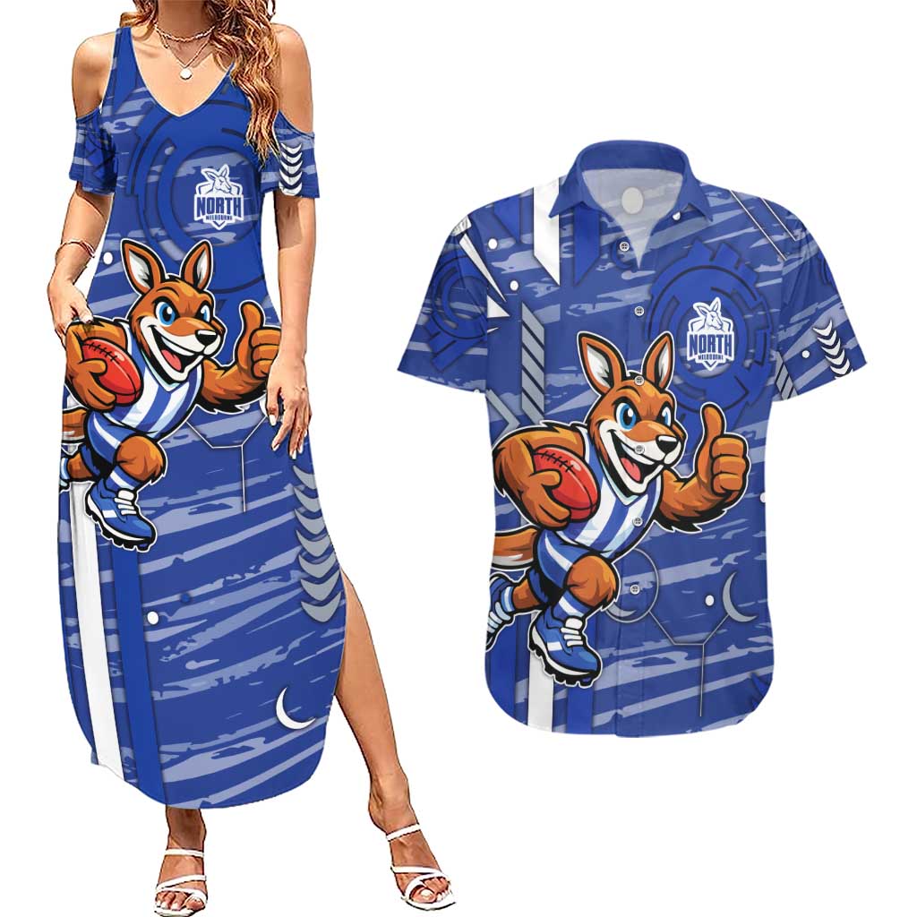 North Melbourne Kangaroos Couples Matching Summer Maxi Dress and Hawaiian Shirt Mascot Cartoon Football Illustration Style
