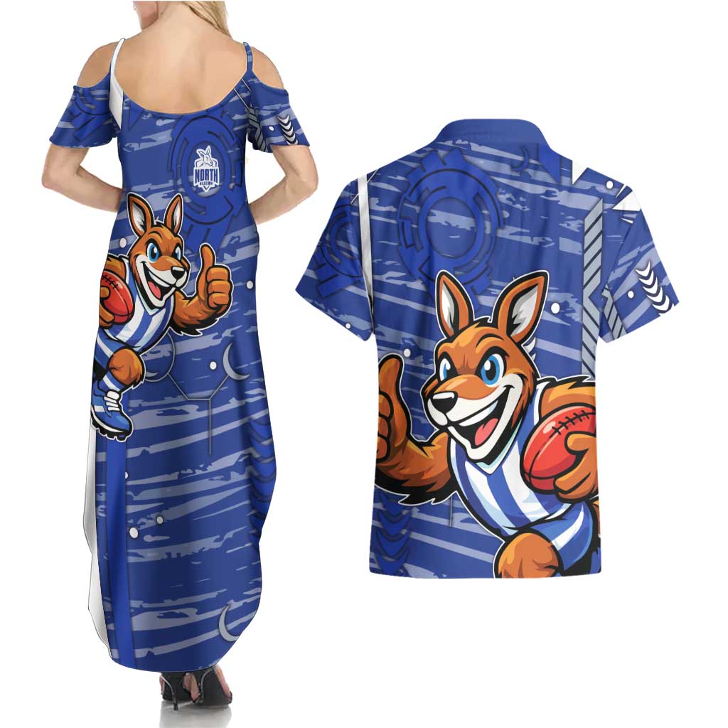 North Melbourne Kangaroos Couples Matching Summer Maxi Dress and Hawaiian Shirt Mascot Cartoon Football Illustration Style