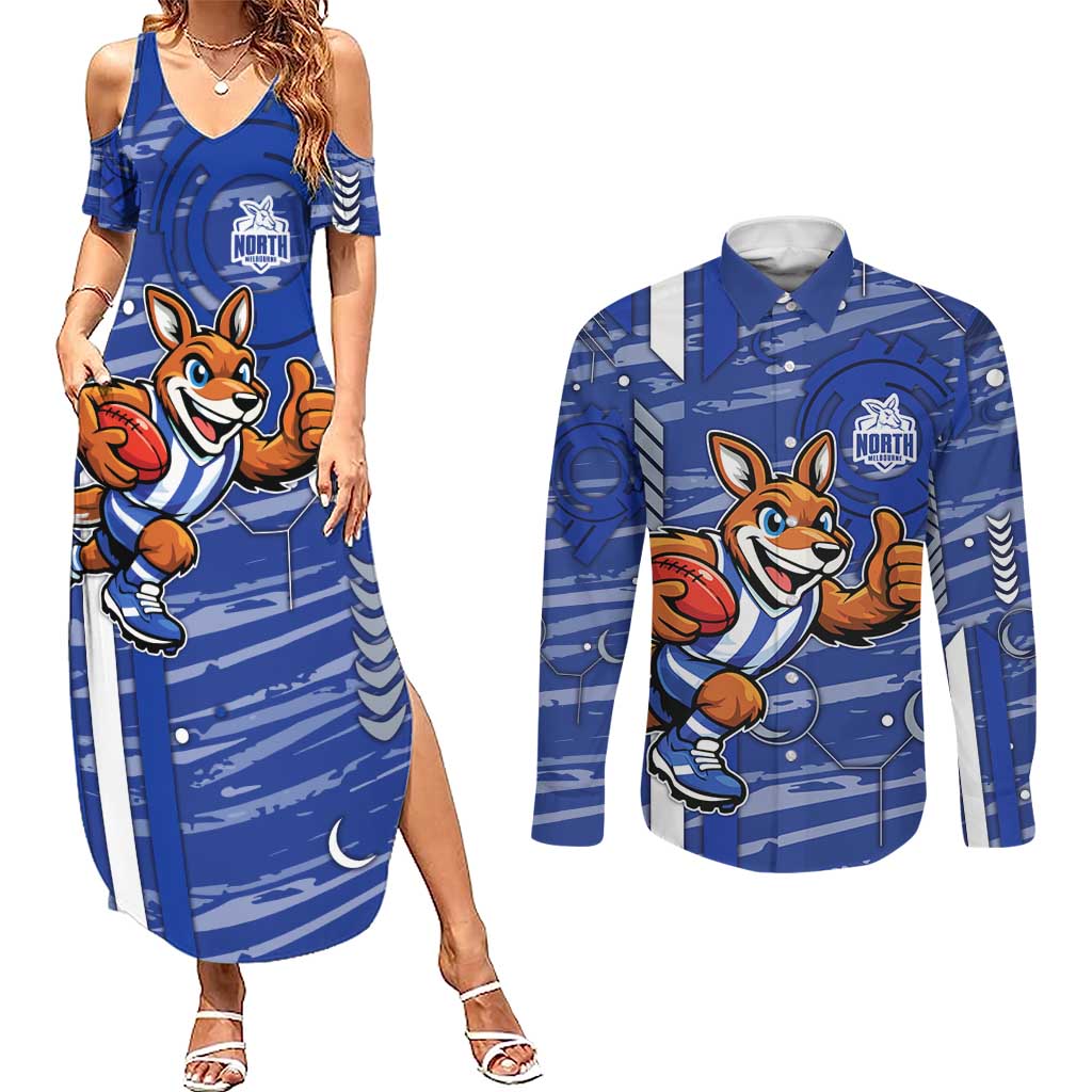 North Melbourne Kangaroos Couples Matching Summer Maxi Dress and Long Sleeve Button Shirt Mascot Cartoon Football Illustration Style