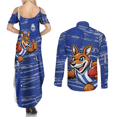 North Melbourne Kangaroos Couples Matching Summer Maxi Dress and Long Sleeve Button Shirt Mascot Cartoon Football Illustration Style