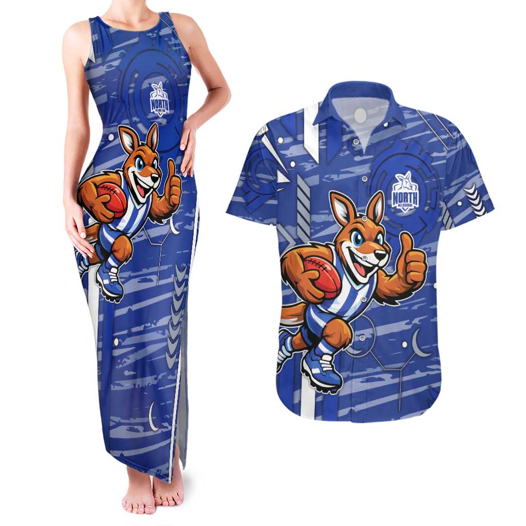 North Melbourne Kangaroos Couples Matching Tank Maxi Dress and Hawaiian Shirt Mascot Cartoon Football Illustration Style