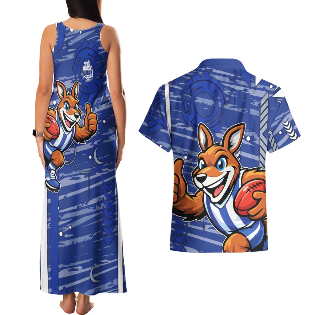 North Melbourne Kangaroos Couples Matching Tank Maxi Dress and Hawaiian Shirt Mascot Cartoon Football Illustration Style