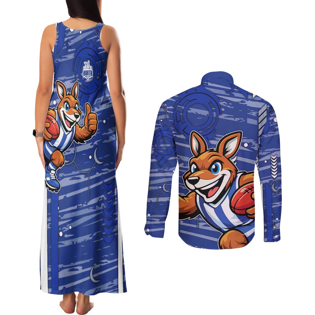 North Melbourne Kangaroos Couples Matching Tank Maxi Dress and Long Sleeve Button Shirt Mascot Cartoon Football Illustration Style