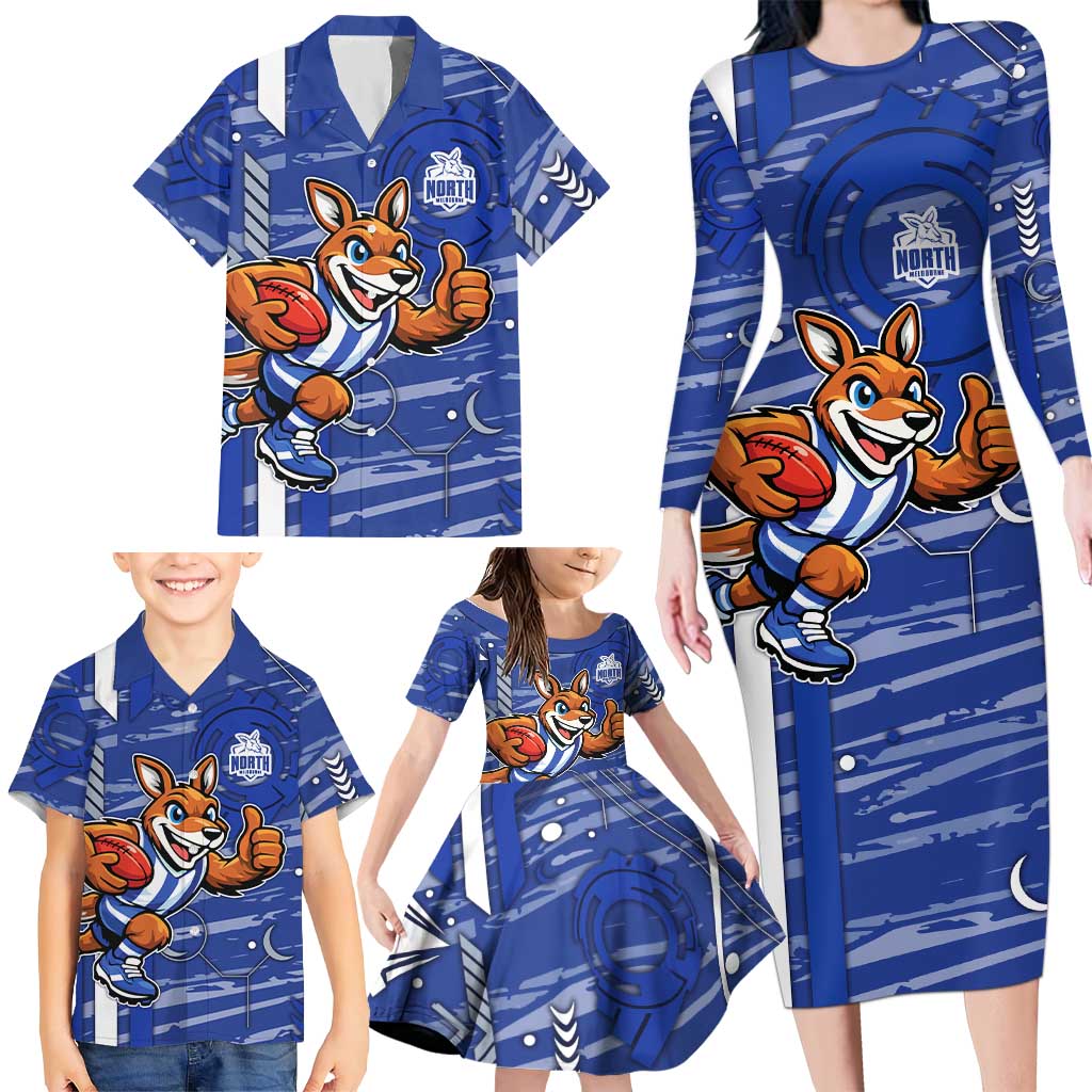 North Melbourne Kangaroos Family Matching Long Sleeve Bodycon Dress and Hawaiian Shirt Mascot Cartoon Football Illustration Style