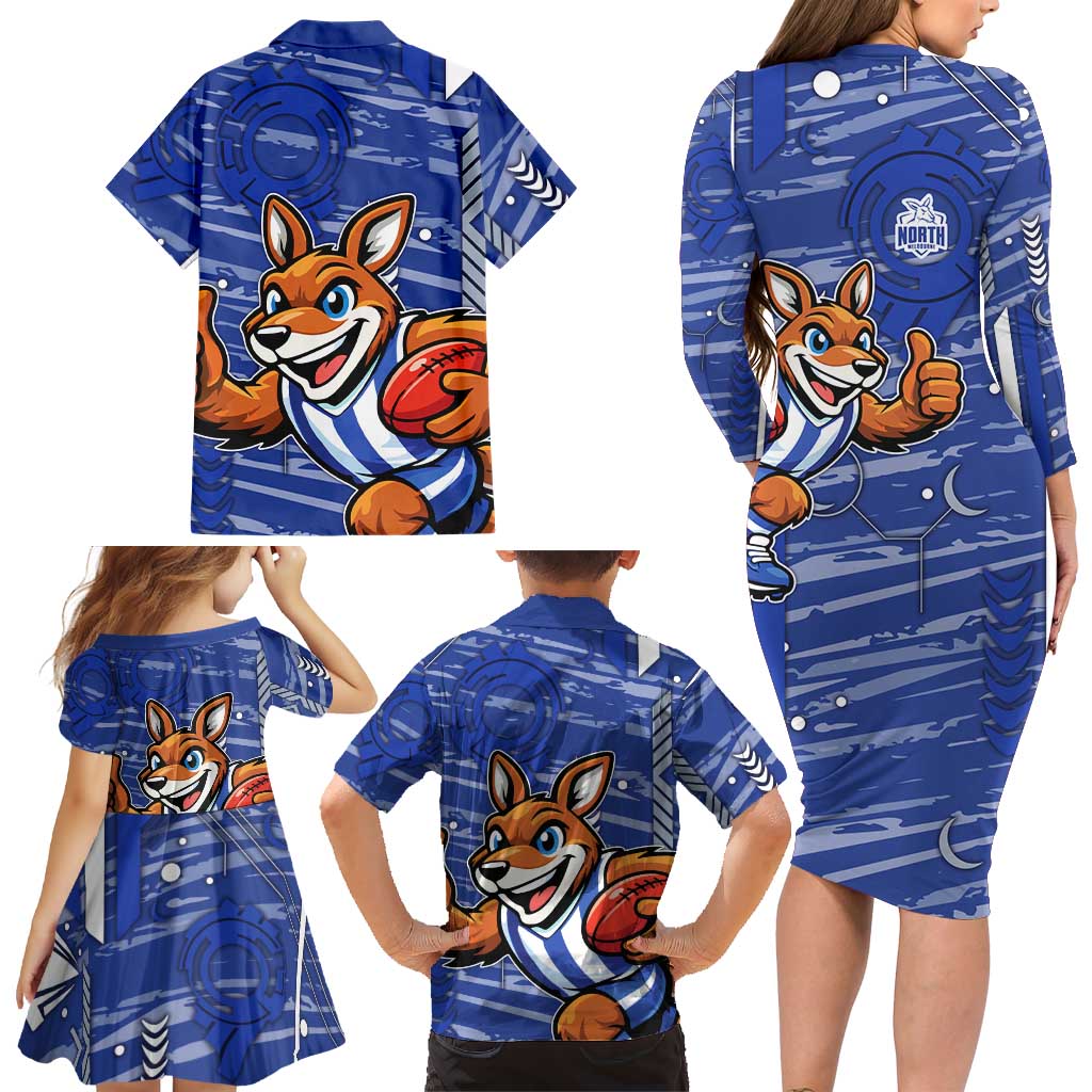 North Melbourne Kangaroos Family Matching Long Sleeve Bodycon Dress and Hawaiian Shirt Mascot Cartoon Football Illustration Style