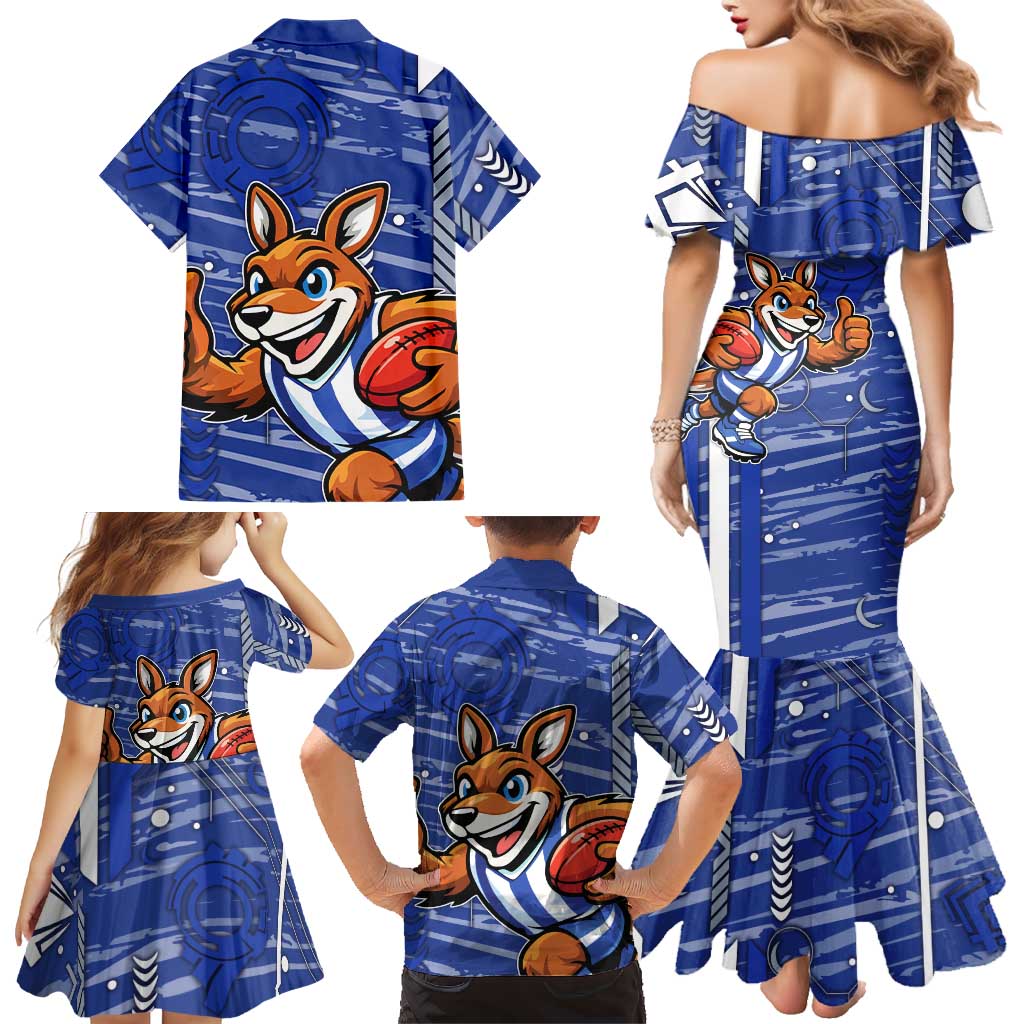 North Melbourne Kangaroos Family Matching Mermaid Dress and Hawaiian Shirt Mascot Cartoon Football Illustration Style