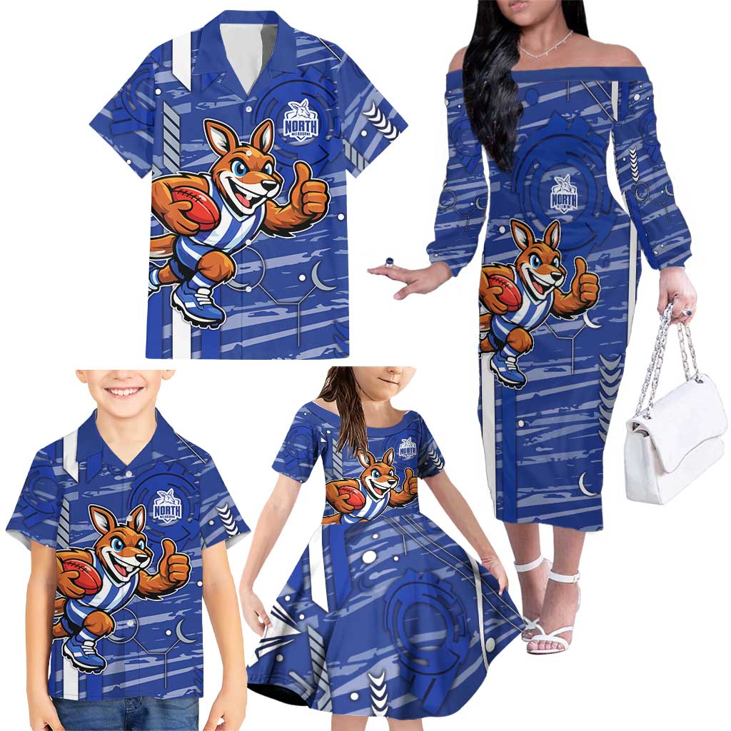 North Melbourne Kangaroos Family Matching Off The Shoulder Long Sleeve Dress and Hawaiian Shirt Mascot Cartoon Football Illustration Style