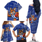 North Melbourne Kangaroos Family Matching Off The Shoulder Long Sleeve Dress and Hawaiian Shirt Mascot Cartoon Football Illustration Style