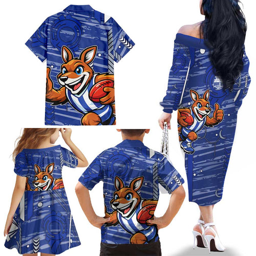 North Melbourne Kangaroos Family Matching Off The Shoulder Long Sleeve Dress and Hawaiian Shirt Mascot Cartoon Football Illustration Style