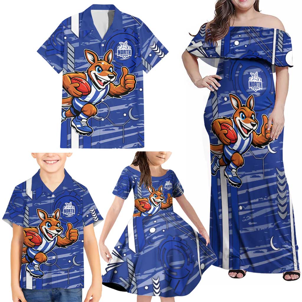North Melbourne Kangaroos Family Matching Off Shoulder Maxi Dress and Hawaiian Shirt Mascot Cartoon Football Illustration Style