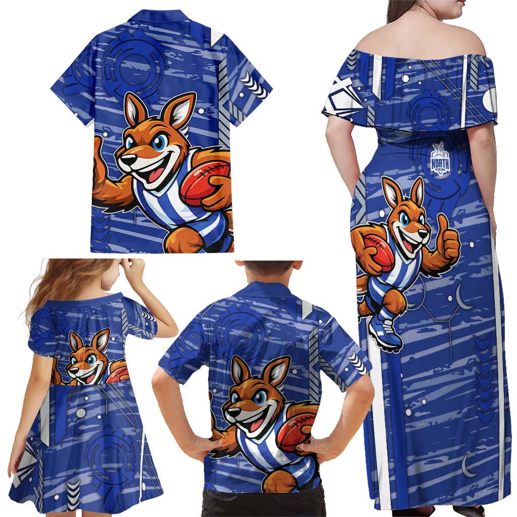North Melbourne Kangaroos Family Matching Off Shoulder Maxi Dress and Hawaiian Shirt Mascot Cartoon Football Illustration Style