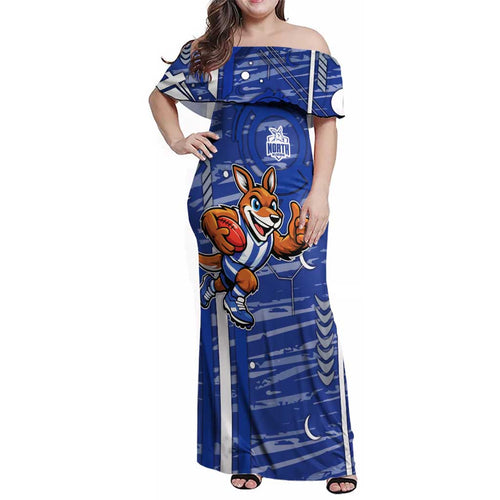 North Melbourne Kangaroos Family Matching Off Shoulder Maxi Dress and Hawaiian Shirt Mascot Cartoon Football Illustration Style