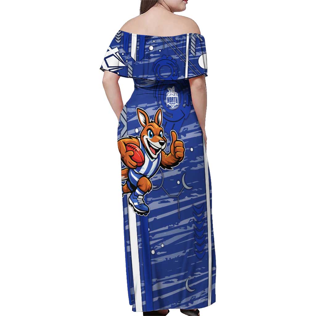 North Melbourne Kangaroos Family Matching Off Shoulder Maxi Dress and Hawaiian Shirt Mascot Cartoon Football Illustration Style