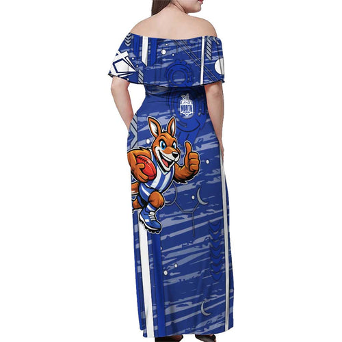 North Melbourne Kangaroos Family Matching Off Shoulder Maxi Dress and Hawaiian Shirt Mascot Cartoon Football Illustration Style