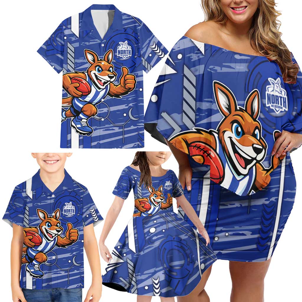 North Melbourne Kangaroos Family Matching Off Shoulder Short Dress and Hawaiian Shirt Mascot Cartoon Football Illustration Style