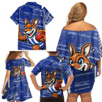 North Melbourne Kangaroos Family Matching Off Shoulder Short Dress and Hawaiian Shirt Mascot Cartoon Football Illustration Style