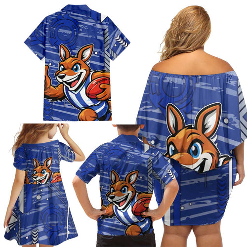 North Melbourne Kangaroos Family Matching Off Shoulder Short Dress and Hawaiian Shirt Mascot Cartoon Football Illustration Style