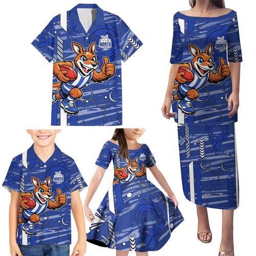 North Melbourne Kangaroos Family Matching Puletasi and Hawaiian Shirt Mascot Cartoon Football Illustration Style