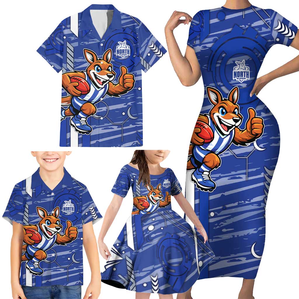 North Melbourne Kangaroos Family Matching Short Sleeve Bodycon Dress and Hawaiian Shirt Mascot Cartoon Football Illustration Style