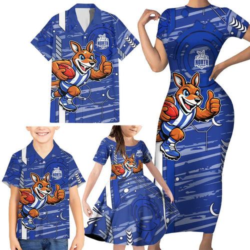 North Melbourne Kangaroos Family Matching Short Sleeve Bodycon Dress and Hawaiian Shirt Mascot Cartoon Football Illustration Style