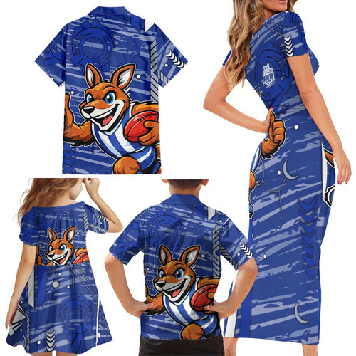 North Melbourne Kangaroos Family Matching Short Sleeve Bodycon Dress and Hawaiian Shirt Mascot Cartoon Football Illustration Style
