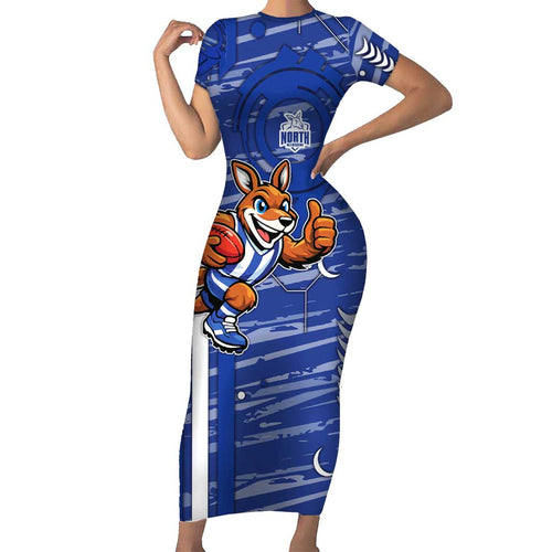 North Melbourne Kangaroos Family Matching Short Sleeve Bodycon Dress and Hawaiian Shirt Mascot Cartoon Football Illustration Style