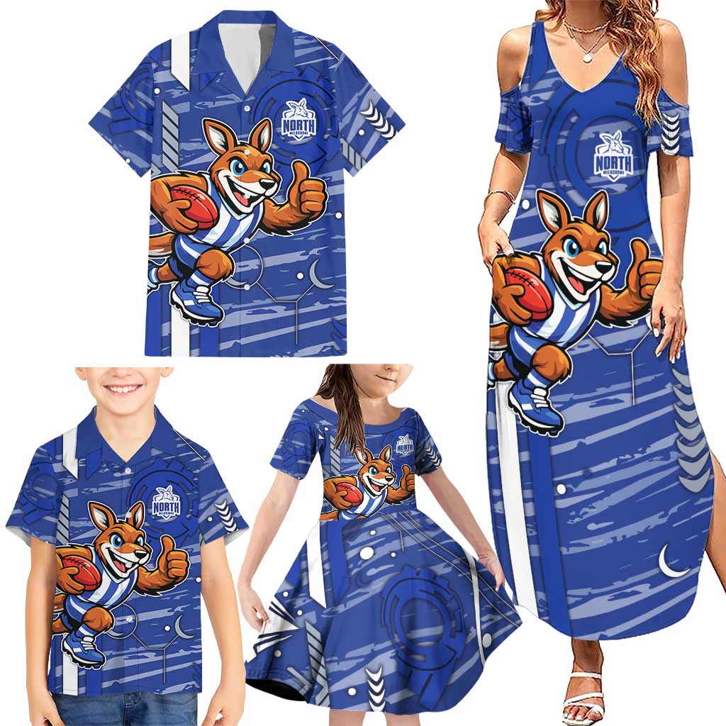 North Melbourne Kangaroos Family Matching Summer Maxi Dress and Hawaiian Shirt Mascot Cartoon Football Illustration Style